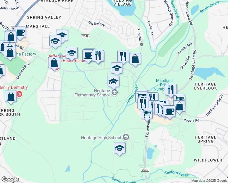 map of restaurants, bars, coffee shops, grocery stores, and more near 3500 Rogers Road in Wake Forest