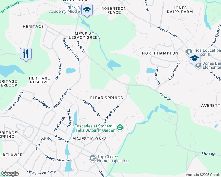 map of restaurants, bars, coffee shops, grocery stores, and more near 1601 Farm Hill Court in Wake Forest