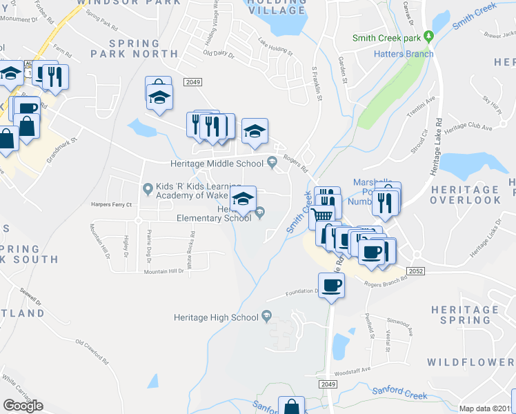 map of restaurants, bars, coffee shops, grocery stores, and more near 3500 Rogers Road in Wake Forest