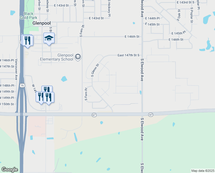 map of restaurants, bars, coffee shops, grocery stores, and more near 14865 South Hickory Place in Glenpool