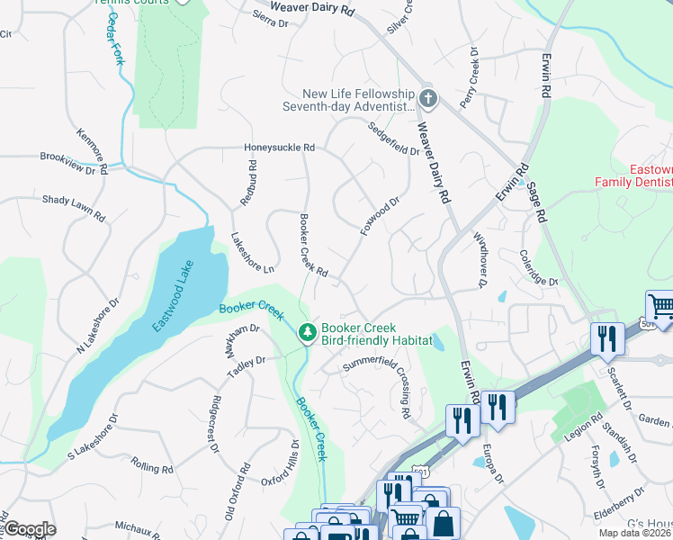 map of restaurants, bars, coffee shops, grocery stores, and more near 2516 Foxwood Drive in Chapel Hill