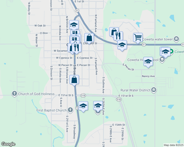 map of restaurants, bars, coffee shops, grocery stores, and more near 407 South Eufaula Avenue in Coweta
