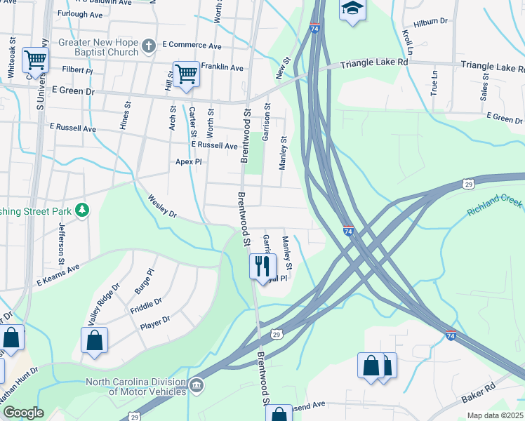 map of restaurants, bars, coffee shops, grocery stores, and more near 2400 Friends Avenue in High Point