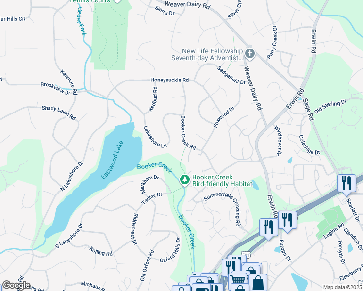 map of restaurants, bars, coffee shops, grocery stores, and more near 2531 Booker Creek Road in Chapel Hill