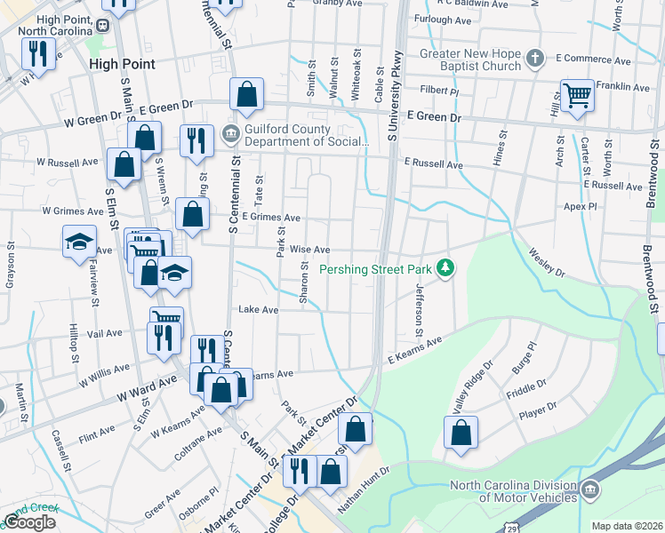 map of restaurants, bars, coffee shops, grocery stores, and more near 913 Randolph Street in High Point