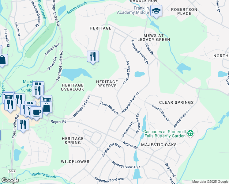 map of restaurants, bars, coffee shops, grocery stores, and more near 1548 Heritage Reserve Court in Wake Forest