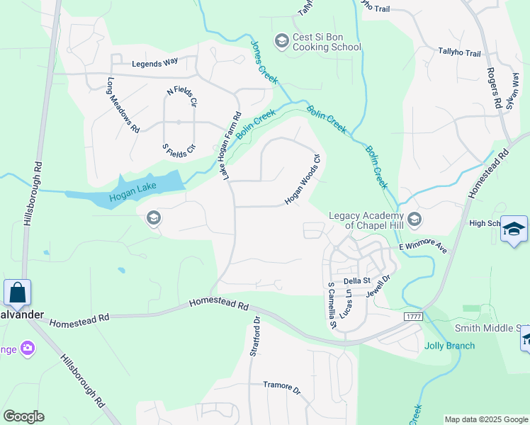 map of restaurants, bars, coffee shops, grocery stores, and more near 108 Hogan Woods Circle in Chapel Hill