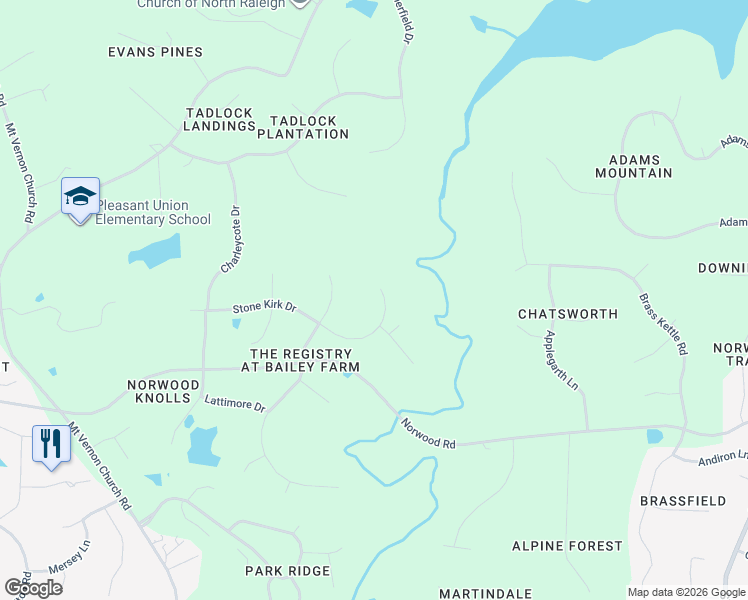 map of restaurants, bars, coffee shops, grocery stores, and more near 1112 Stone Kirk Drive in Raleigh