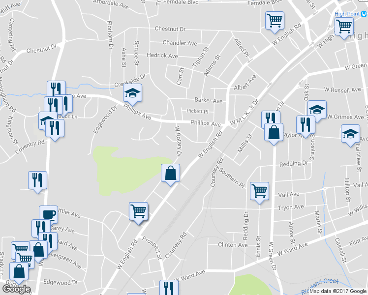 map of restaurants, bars, coffee shops, grocery stores, and more near 1601 West Rotary Drive in High Point