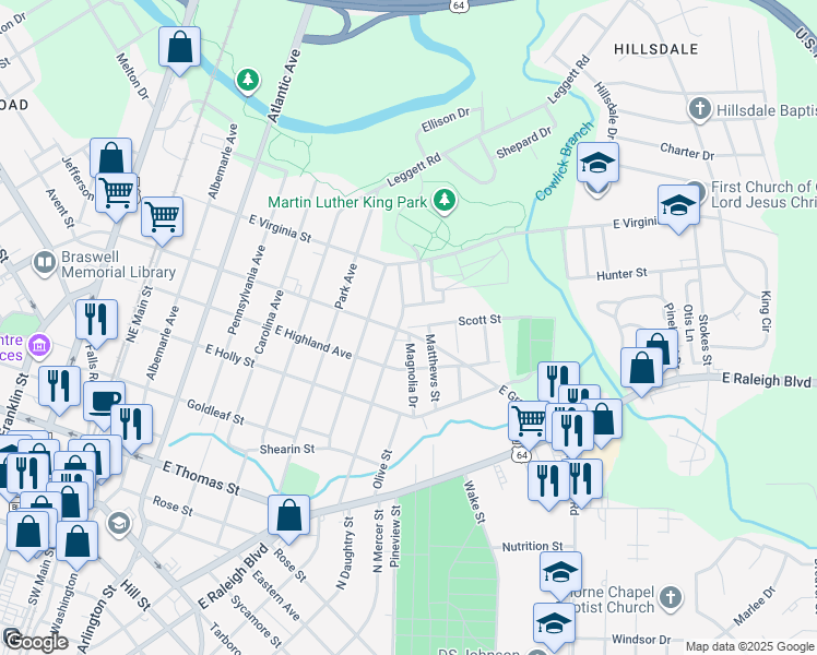 map of restaurants, bars, coffee shops, grocery stores, and more near 521 Coleman Avenue in Rocky Mount