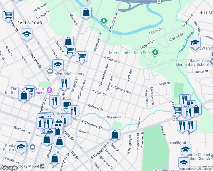 map of restaurants, bars, coffee shops, grocery stores, and more near 419 Pennsylvania Ave in Rocky Mt