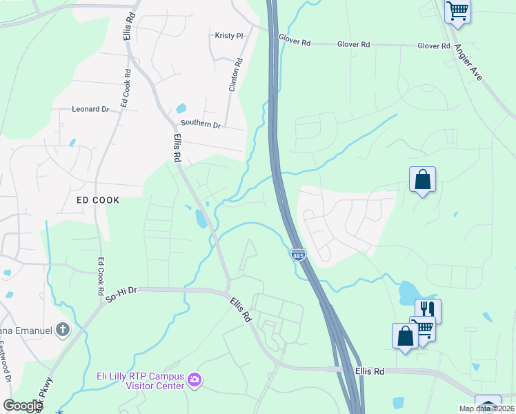 map of restaurants, bars, coffee shops, grocery stores, and more near 1443 Ellis Road in Durham