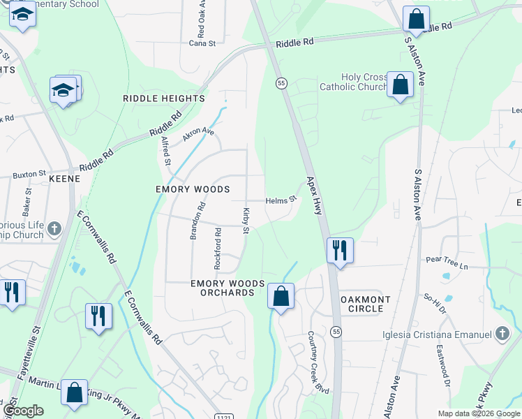 map of restaurants, bars, coffee shops, grocery stores, and more near 3001-3099 Kirby St in Durham