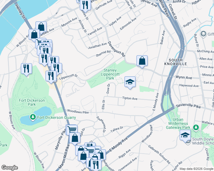 map of restaurants, bars, coffee shops, grocery stores, and more near 3107 Dow Drive in Knoxville