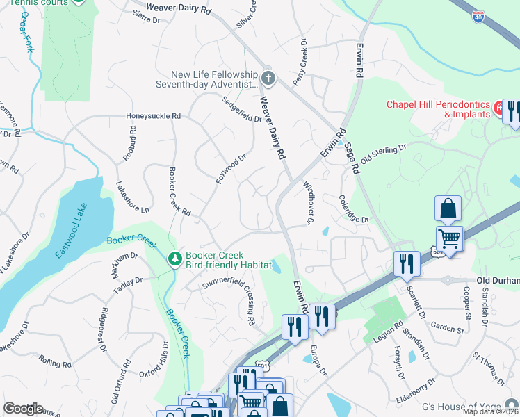 map of restaurants, bars, coffee shops, grocery stores, and more near 106 White Oak Way in Chapel Hill