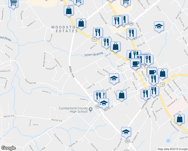 map of restaurants, bars, coffee shops, grocery stores, and more near 266 Taylor Street in Crossville
