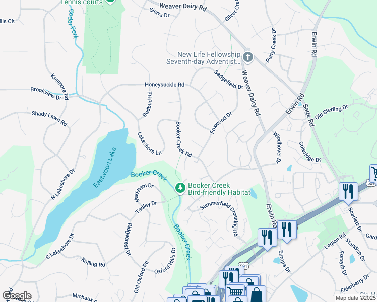 map of restaurants, bars, coffee shops, grocery stores, and more near 2526 Booker Creek Road in Chapel Hill