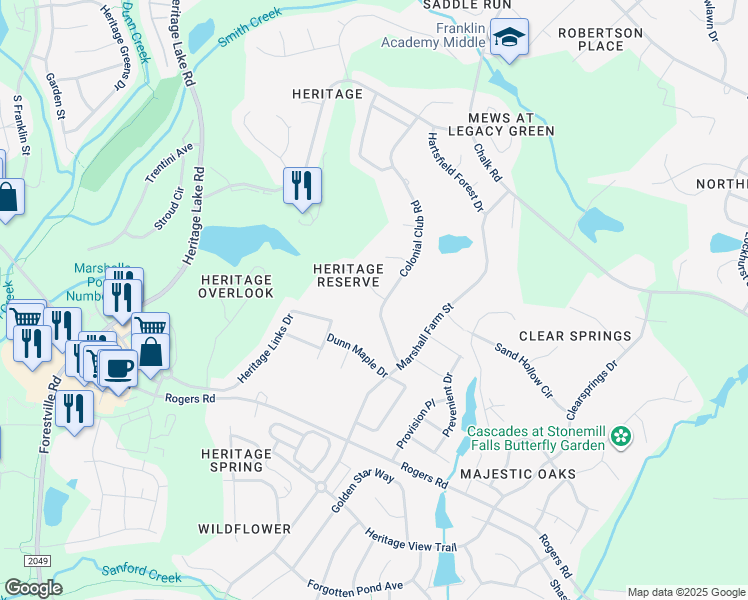map of restaurants, bars, coffee shops, grocery stores, and more near 1548 Heritage Reserve Court in Wake Forest