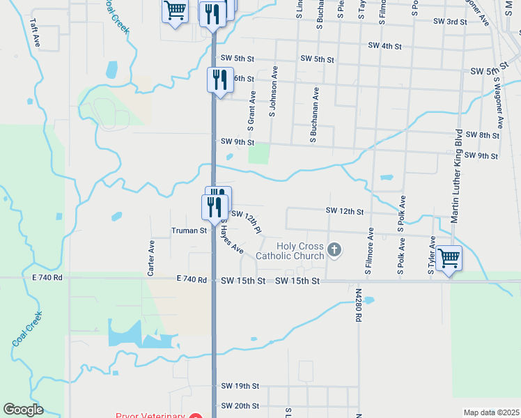 map of restaurants, bars, coffee shops, grocery stores, and more near 1303 Southwest 12th Court in Wagoner