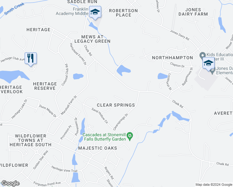 map of restaurants, bars, coffee shops, grocery stores, and more near 1601 Farm Hill Court in Wake Forest