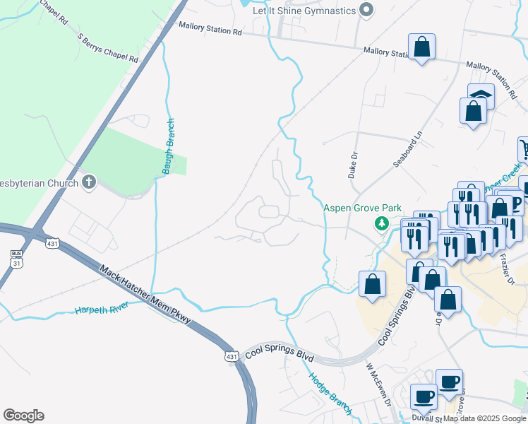 map of restaurants, bars, coffee shops, grocery stores, and more near 3100 Aspen Grove Drive in Franklin