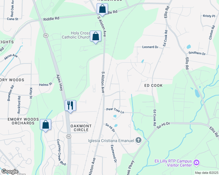 map of restaurants, bars, coffee shops, grocery stores, and more near 136 Holly Berry Lane in Durham