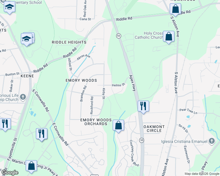 map of restaurants, bars, coffee shops, grocery stores, and more near 3001-3099 Kirby St in Durham