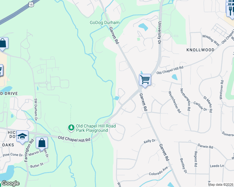 map of restaurants, bars, coffee shops, grocery stores, and more near 94 Grapevine Trail in Durham