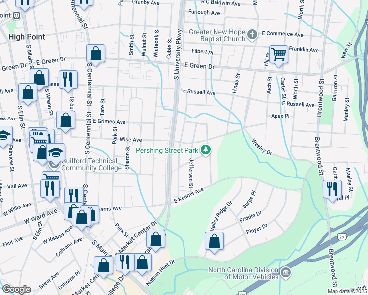 map of restaurants, bars, coffee shops, grocery stores, and more near 1015 Richland Street in High Point