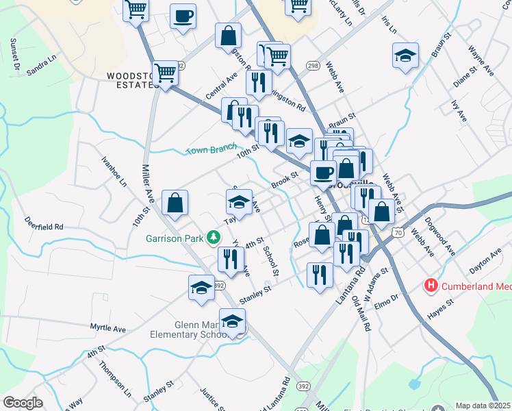 map of restaurants, bars, coffee shops, grocery stores, and more near 23 Woody Court in Crossville