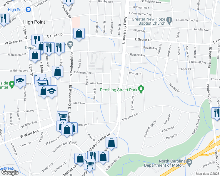 map of restaurants, bars, coffee shops, grocery stores, and more near 1007 Asheboro Street in High Point