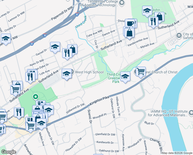 map of restaurants, bars, coffee shops, grocery stores, and more near 3900 North Bellemeade Avenue in Knoxville