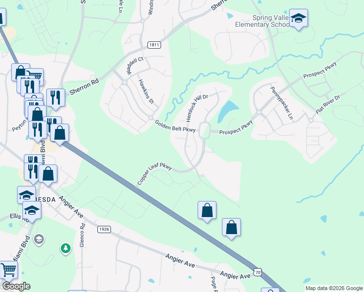 map of restaurants, bars, coffee shops, grocery stores, and more near 2004 Hemlock Hill Drive in Durham