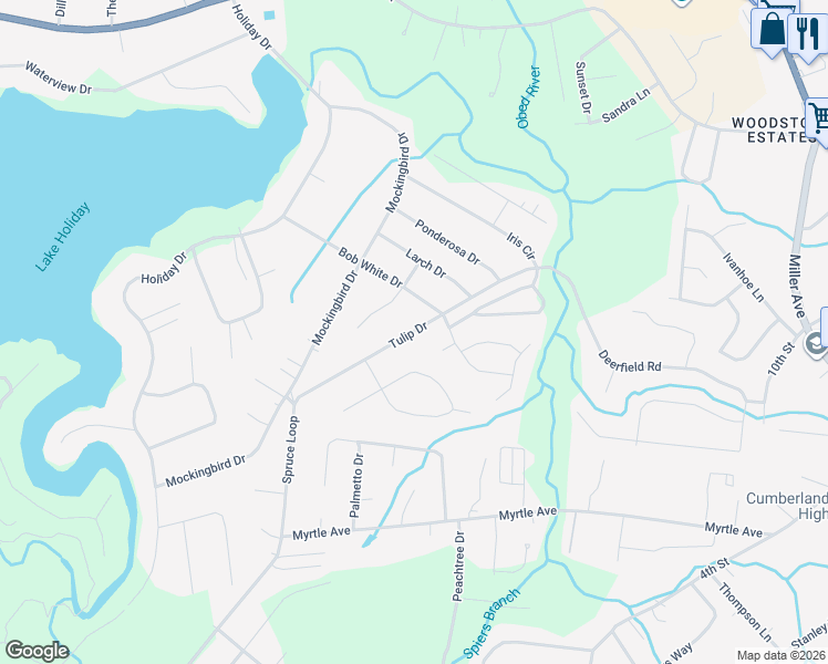 map of restaurants, bars, coffee shops, grocery stores, and more near 301 Tulip Drive in Crossville