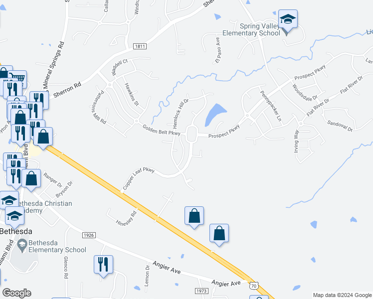 map of restaurants, bars, coffee shops, grocery stores, and more near 2004 Copper Leaf Parkway in Durham