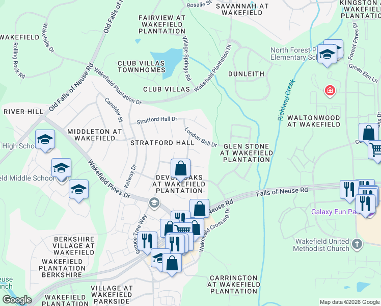 map of restaurants, bars, coffee shops, grocery stores, and more near 2916 Mountain Ash Court in Raleigh