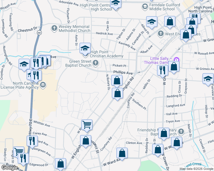 map of restaurants, bars, coffee shops, grocery stores, and more near 1601 West Rotary Drive in High Point