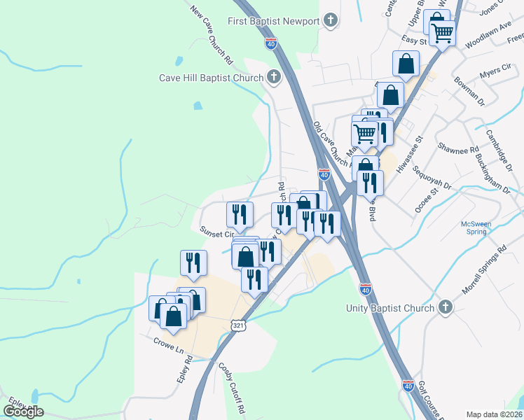 map of restaurants, bars, coffee shops, grocery stores, and more near 1100 Sunset Circle in Newport