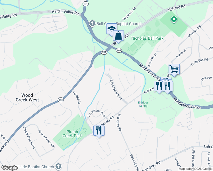 map of restaurants, bars, coffee shops, grocery stores, and more near 9918 Belmont Park Lane in Knoxville