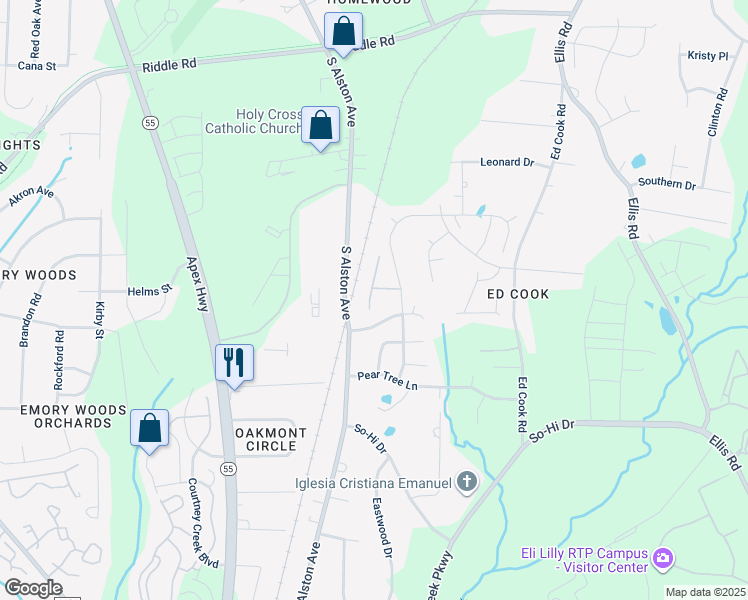 map of restaurants, bars, coffee shops, grocery stores, and more near 123 Holly Berry Lane in Durham