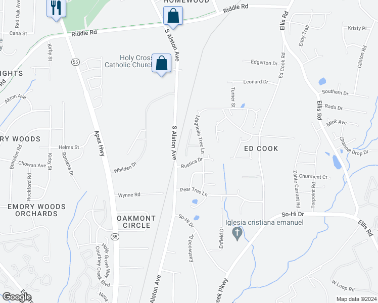 map of restaurants, bars, coffee shops, grocery stores, and more near 123 Holly Berry Lane in Durham