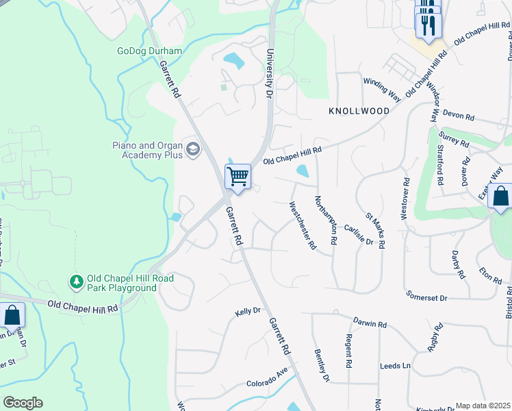 map of restaurants, bars, coffee shops, grocery stores, and more near 22 Acornridge Court in Durham