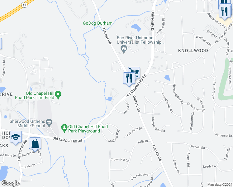 map of restaurants, bars, coffee shops, grocery stores, and more near 33 Grapevine Trail in Durham