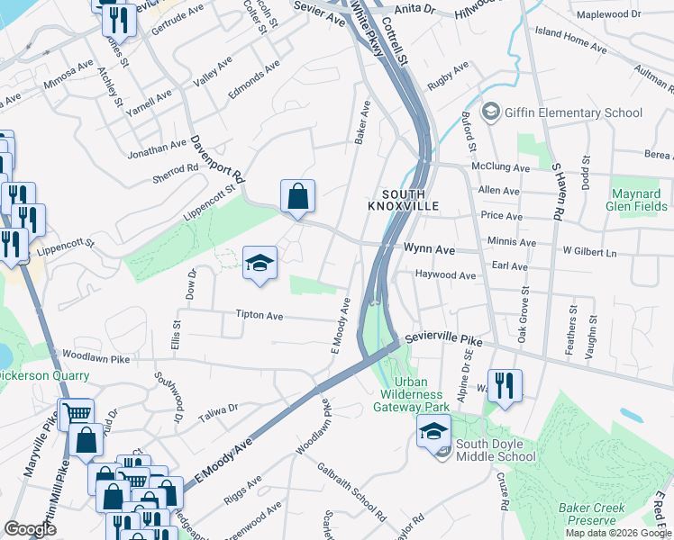 map of restaurants, bars, coffee shops, grocery stores, and more near 906 Baker Avenue in Knoxville