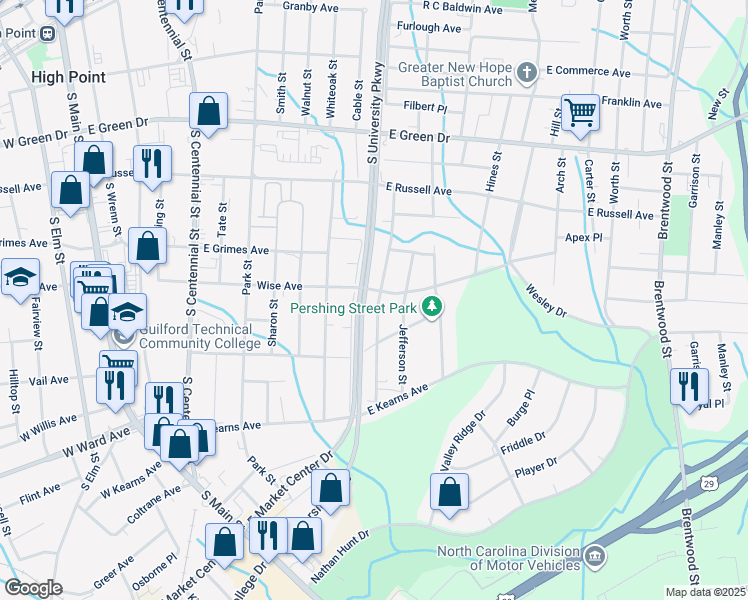 map of restaurants, bars, coffee shops, grocery stores, and more near 1002 Richland Street in High Point