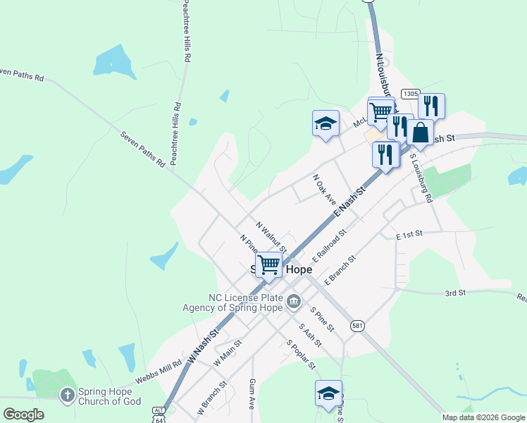 map of restaurants, bars, coffee shops, grocery stores, and more near 316 North Walnut Street in Spring Hope