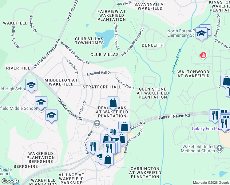 map of restaurants, bars, coffee shops, grocery stores, and more near 12401 Draco Road in Raleigh