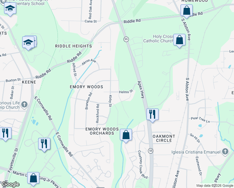map of restaurants, bars, coffee shops, grocery stores, and more near 3001-3099 Kirby St in Durham