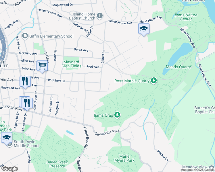 map of restaurants, bars, coffee shops, grocery stores, and more near 2329 Sylvania Avenue Southeast in Knoxville