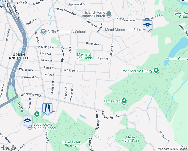 map of restaurants, bars, coffee shops, grocery stores, and more near 2203 Sylvania Avenue Southeast in Knoxville